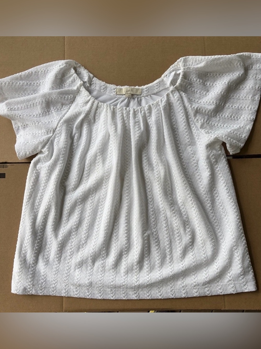 LOFT White Flowy Braided Textured Lace Flutter Sleeve Top Womens Medium
